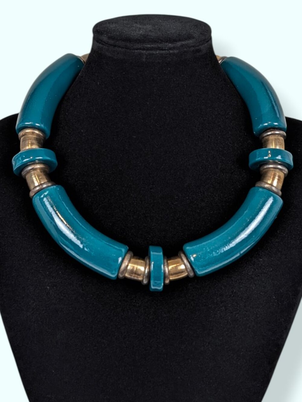 Chunky Blue-Green Curved Bead Necklace